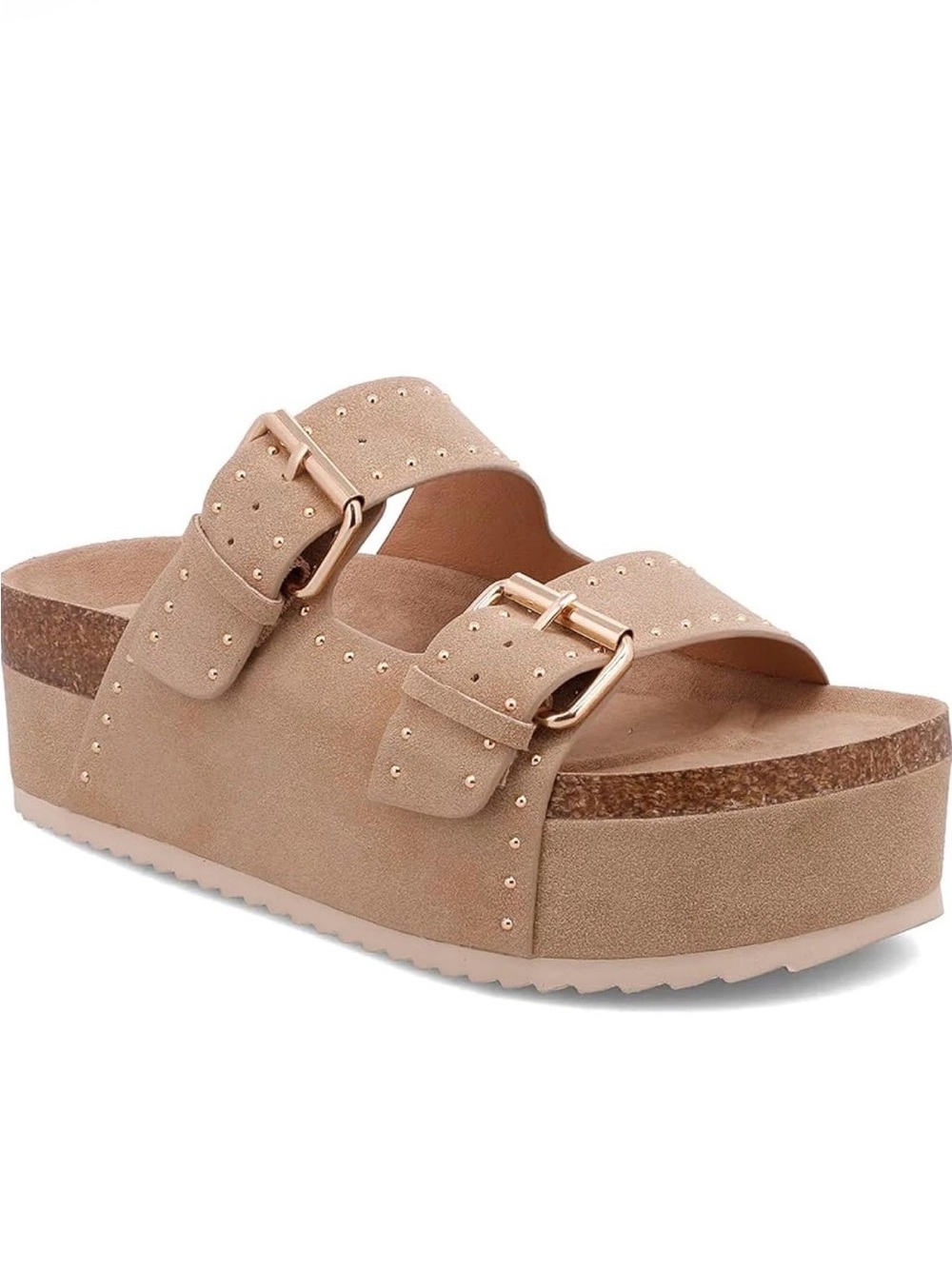 MIA Tan Suede Platform Slide Sandals with Gold Buckles